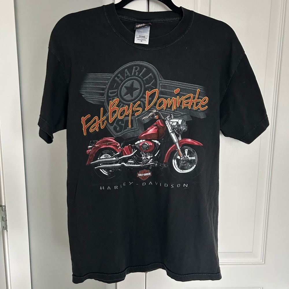 Harley-Davidson Black Tee with Red and Orange Motorcycle Design